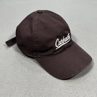 Photo of Carhartt Script Logo Canvas Baseball Cap Maroon Brown Adjustable Hat Unisex