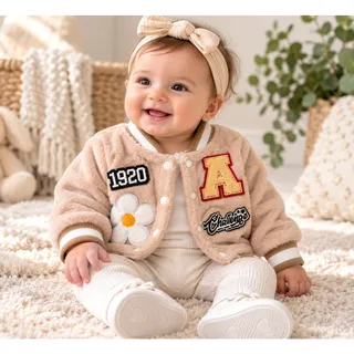 Photo of SHEIN Baby Girls 3M Fuzzy Varsity Jacket Floral Patch Preppy NWT