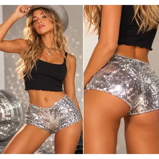Photo of SHEIN Women’s XXS Silver Sequin Hot Pants Mid Rise Lined Stretch Pull On