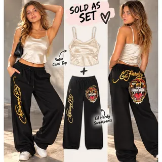 Photo of Ed Hardy Tiger Sweatpants + Champagne Satin Cami Top Y2K 2 Piece Set XS