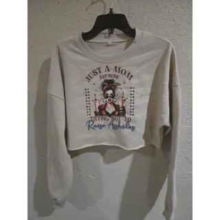 Photo of Just A Mom Out Here Trying Not To Raise A*sholes Cropped Sweatshirt, Beige, S