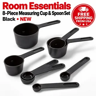 Photo of Room Essentials Plastic Measuring Cup & Spoon Set 8 Pc Black NEW