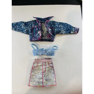 Photo of Vintage Barbie Style 3 Pc Denim Outfit Jacket Skirt Crop Top Pink Stitching