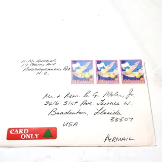 Photo of 1987 New Zealand Christmas 35c Stamp Cover Airmail Florida Hallmark
