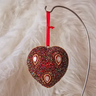 Photo of Handmade Beaded Heart Hanging Ornament Red Gold Jeweled Christmas Decor