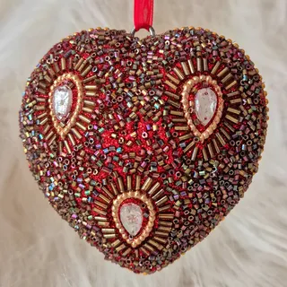 Photo of Handmade Beaded Heart Hanging Ornament Red Gold Jeweled Christmas Decor