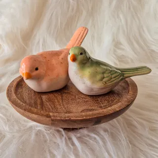 Photo of Ceramic Bird Figurine Pair Peach Green Glazed Pottery Cottagecore Decor