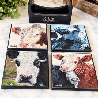 Photo of Julie Ethridge Colorado Artist Cow Coasters Set of 4 with Holder Farmhouse Decor