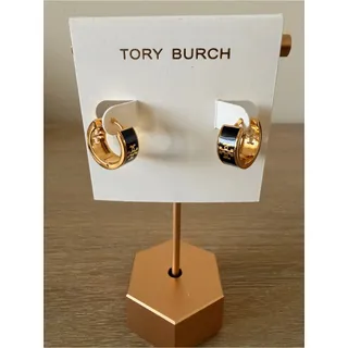 Photo of Tory Burch Icon Black Enamel Gold-Tone Huggie Hoop Earrings New