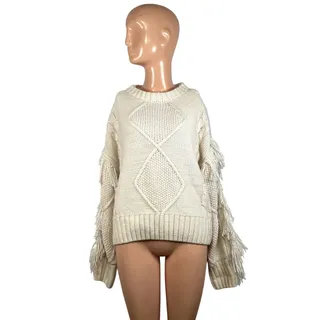 Photo of SugarLips M White Knit Fair Isle Fringe Fisherman Sweater Boho Chic Cottage 