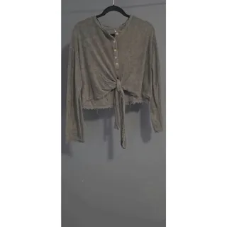 Photo of Olive Green Fuzzy Long Sleeve Henley Crop Top Size 4