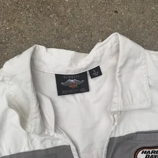 Photo of Harley Davidson Motorcycles Zip Front White Black Pit Short Sleeve Shirt LARGE