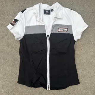Photo of Harley Davidson Motorcycles Zip Front White Black Pit Short Sleeve Shirt LARGE