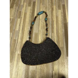 Photo of Beaded Shoulder Bag Womens Small Brown Satin Beaded Strap Boho Party Purse