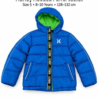 Photo of Hurley Kids Solid Puffer Hooded Full Zip Jacket w/ Pockets Blue/Green Sz S
