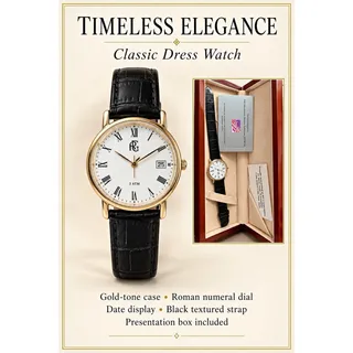 Photo of Classic Dress Quartz Watch Gold-Tone SS Case White Roman Dial Date 3 ATM