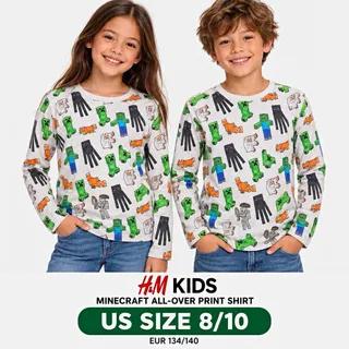 Photo of H&M Kids Minecraft All-Over Graphic Print Long Sleeve Crew Tee Cotton 8-10