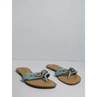 Photo of Wild Diva Women Size 9 Blue Snakeskin Print Flat Thong Sandals Gold Chain Links