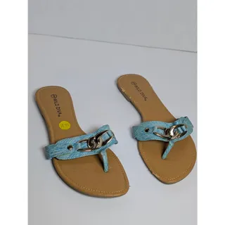 Photo of Wild Diva Women Size 9 Blue Snakeskin Print Flat Thong Sandals Gold Chain Links