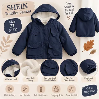 Photo of SHEIN Toddler Navy Blue Utility Jacket 2T | Soft Lined Hooded Fall Coat