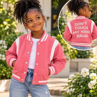 Photo of SHEIN Girls Pink Varsity Jacket Size 5Y “Don’t Touch My Hair Bruh” Y2K Streetwear