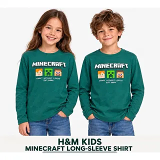 Photo of H&M Kids Minecraft Green Graphic Logo Long Sleeve Crew Neck Tee Size:9-10