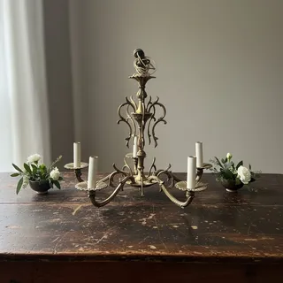 Photo of Vintage Hollywood Regency Brass Chandelier 5 Light-Gothic Spanish Revival-As Is