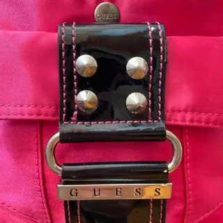 Photo of Vintage GUESS Pink Satin Handbag Y2K Shoulder Bag Black Patent Studded Buckle
