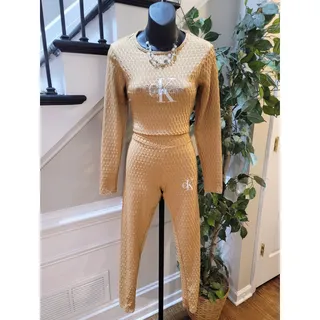 Photo of Calvin Klein Lounge Set Women Large Tan Honeycomb Long Sleeve Crop Top Crew Neck