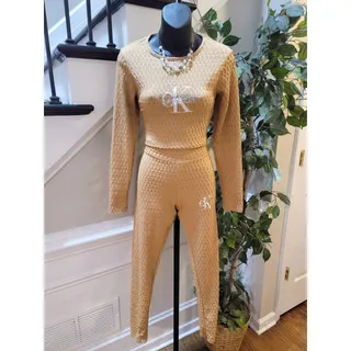 Photo of Calvin Klein Lounge Set Women Large Tan Honeycomb Long Sleeve Crop Top Crew Neck