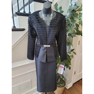 Photo of Luxe Skirt Suit Women's Size 18 Black Fringe Ribbon Back Zipper Fully Lined