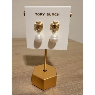 Photo of Tory Burch Double T Logo Faux Pearl Drop Earrings Gold Tone New