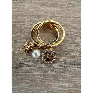 Photo of Tory Burch Icon Pavé Charm Stacking Ring Gold Faux Pearl Size 8 New