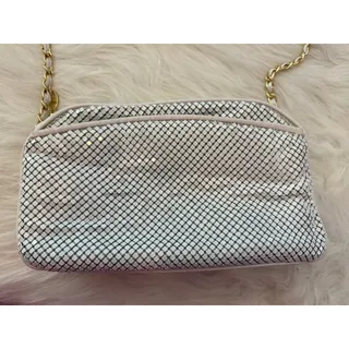 Photo of Vintage 80s 90s White Metal Mesh Crossbody Bag Gold Interwoven Chain Evening