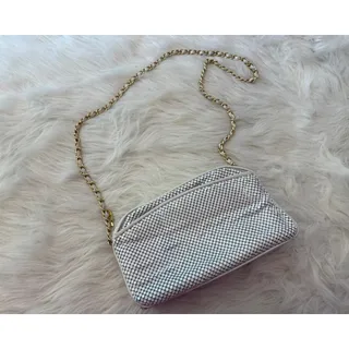 Photo of Vintage 80s 90s White Metal Mesh Crossbody Bag Gold Interwoven Chain Evening