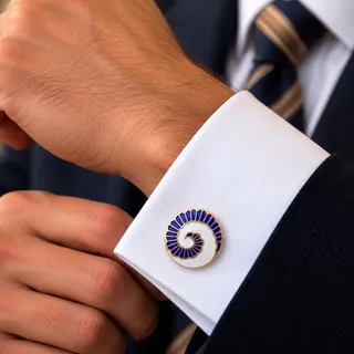 Photo of Vintage MCM Japanese Blue & White Enamel Spiral Cufflinks | Mod Nautilus Shell