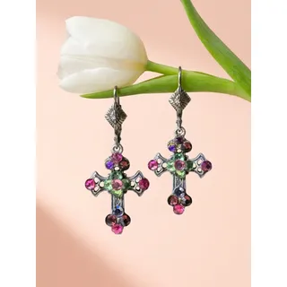 Photo of Multicolor Rhinestone Cross Dangle Earrings Silver Tone