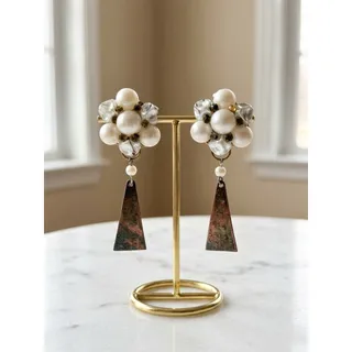 Photo of Vintage Hong Kong Faux Pearl Clip-On Dangle Earrings 2.25”