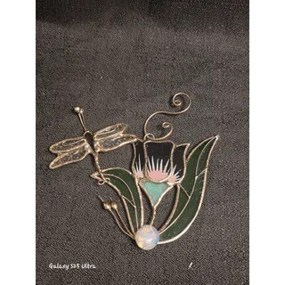Photo of Stained Glass Dragonfly Flower Suncatcher Green Pink Window Hanging Art