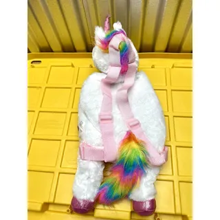 Photo of Plushland Unicorn Faux Fur Backpack White Pink Zip Adjustable Straps Small