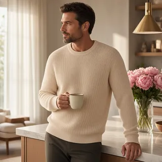Photo of Mode of One Mens Ribbed Sweater NWT Size L Vanilla Cream Cotton Blend (002)