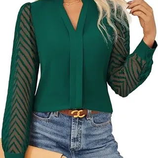 Photo of Dressy Lace Long Sleeve Tops V Neck Work Blouses