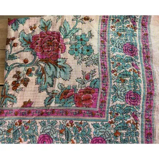 Photo of Vintage Indian Kota Doria Cotton Silk Scarf 40x40 Block Print Floral Boho Craft