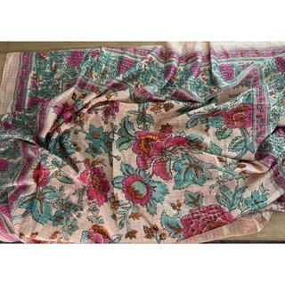 Photo of Vintage Indian Kota Doria Cotton Silk Scarf 40x40 Block Print Floral Boho Craft