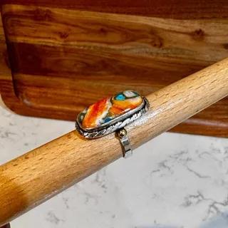 Photo of Orange Spiny Oyster Turquoise Copper Sterling Silver 925 Ring signed India YS