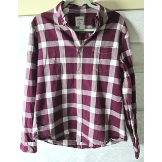 Photo of Gap Modern Oxford Shirt Mens Large Burgundy White Buffalo Plaid Button Down