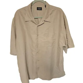 Photo of Haggar Mens XXL 2X XX Tan Dobby Geometric Camp Shirt Short Sleeve Button Up