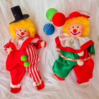 Photo of Vintage 1980s Russ Berrie Circus Clown Christmas Ornaments Balloons Hula Hoop Pair