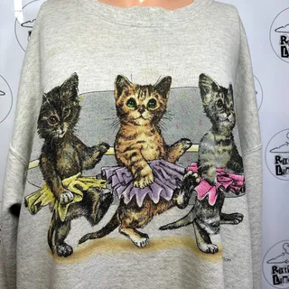 Photo of VTG 90s Oneita Power Sweats L Gray Ballet Tutu Kittens Graphic Sweatshirt USA