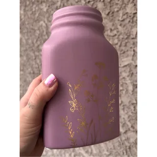 Photo of Decorative Lavender Purple Colored Mason Jar Vase with Gold Floral Designs